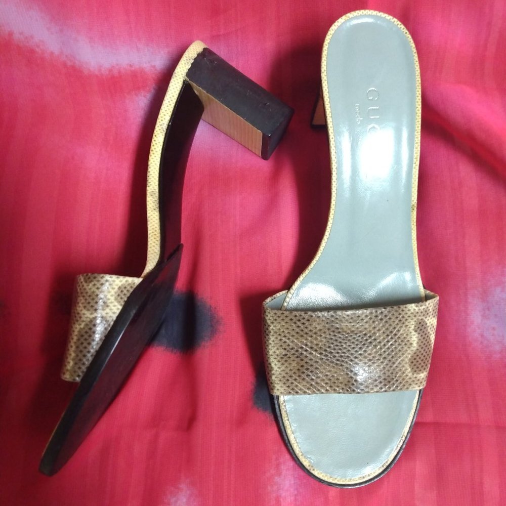 ❤️GUCCI TOM FORD Snake Slip On Chunky Wood Heel Slides Sandals Shoe 8 B Italy